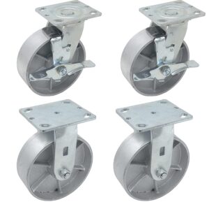 iconcasterwheels 6" x 2" steel heavy duty caster, set of 4 industrial casters | 2 swivel top lock brake caster & 2 rigid top plate caster | top plate 4 x 4.5", load capacity 4,800 lbs per set (4-pack)