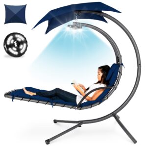 best choice products hanging led-lit curved chaise lounge chair swing for backyard, patio, lawn w/ 3 light settings, weather-resistant pillow, removable canopy shade, steel stand - navy blue