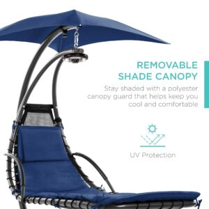 Best Choice Products Hanging LED-Lit Curved Chaise Lounge Chair Swing for Backyard, Patio, Lawn w/ 3 Light Settings, Weather-Resistant Pillow, Removable Canopy Shade, Steel Stand - Navy Blue