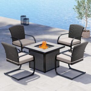 grand patio outdoor 5-piece steel fire pit dining set all-weather 4 steel rocking wicker chairs with removable olefin cushion & 32-in square csa approved 50000btu sling base propane gas fire table