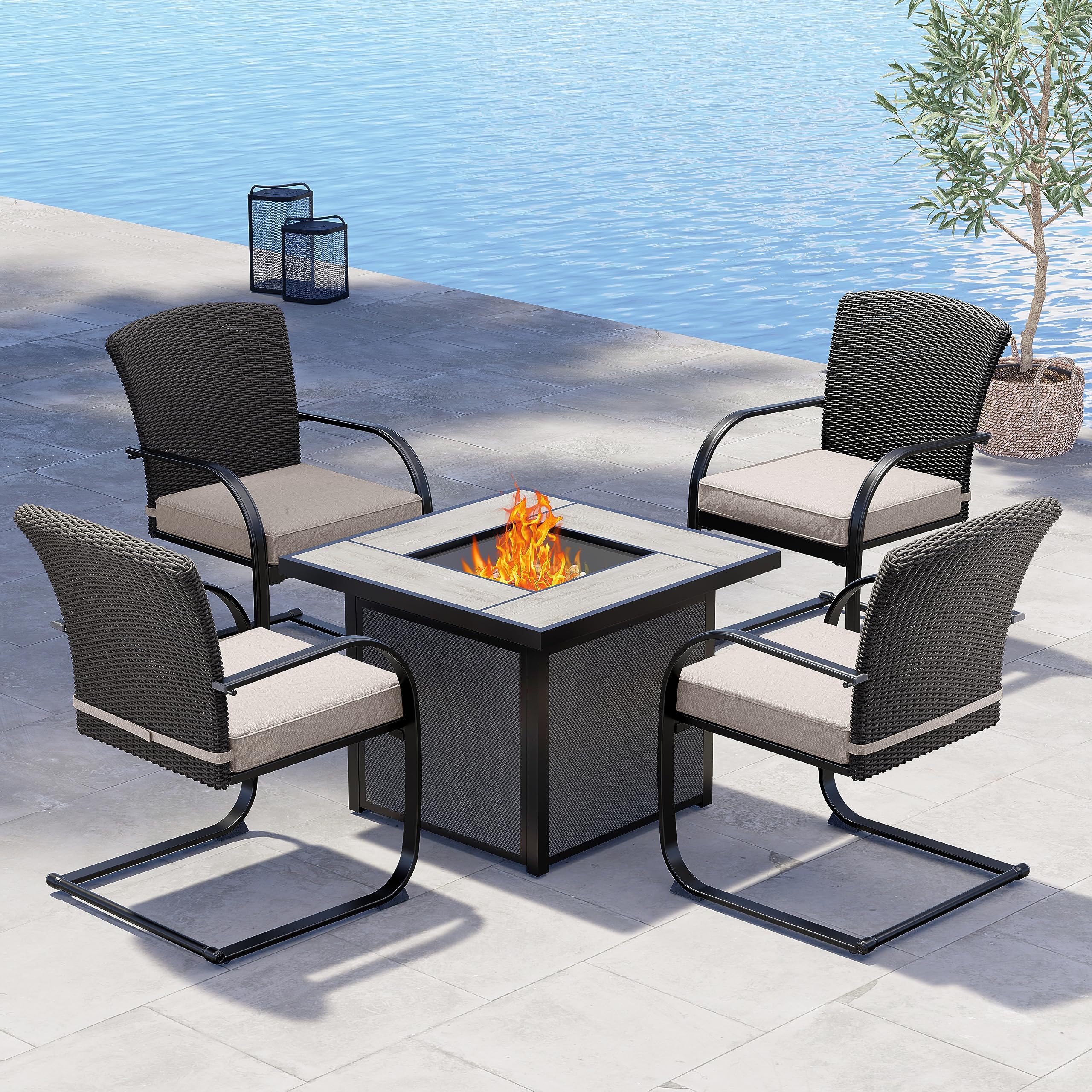 Grand patio Outdoor 5-Piece Steel Fire Pit Dining Set All-Weather 4 Steel Rocking Wicker Chairs with Removable Olefin Cushion & 32-in Square CSA Approved 50000BTU Sling Base Propane Gas Fire Table