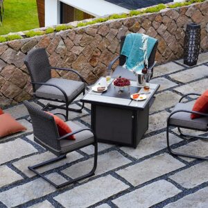 Grand patio Outdoor 5-Piece Steel Fire Pit Dining Set All-Weather 4 Steel Rocking Wicker Chairs with Removable Olefin Cushion & 32-in Square CSA Approved 50000BTU Sling Base Propane Gas Fire Table