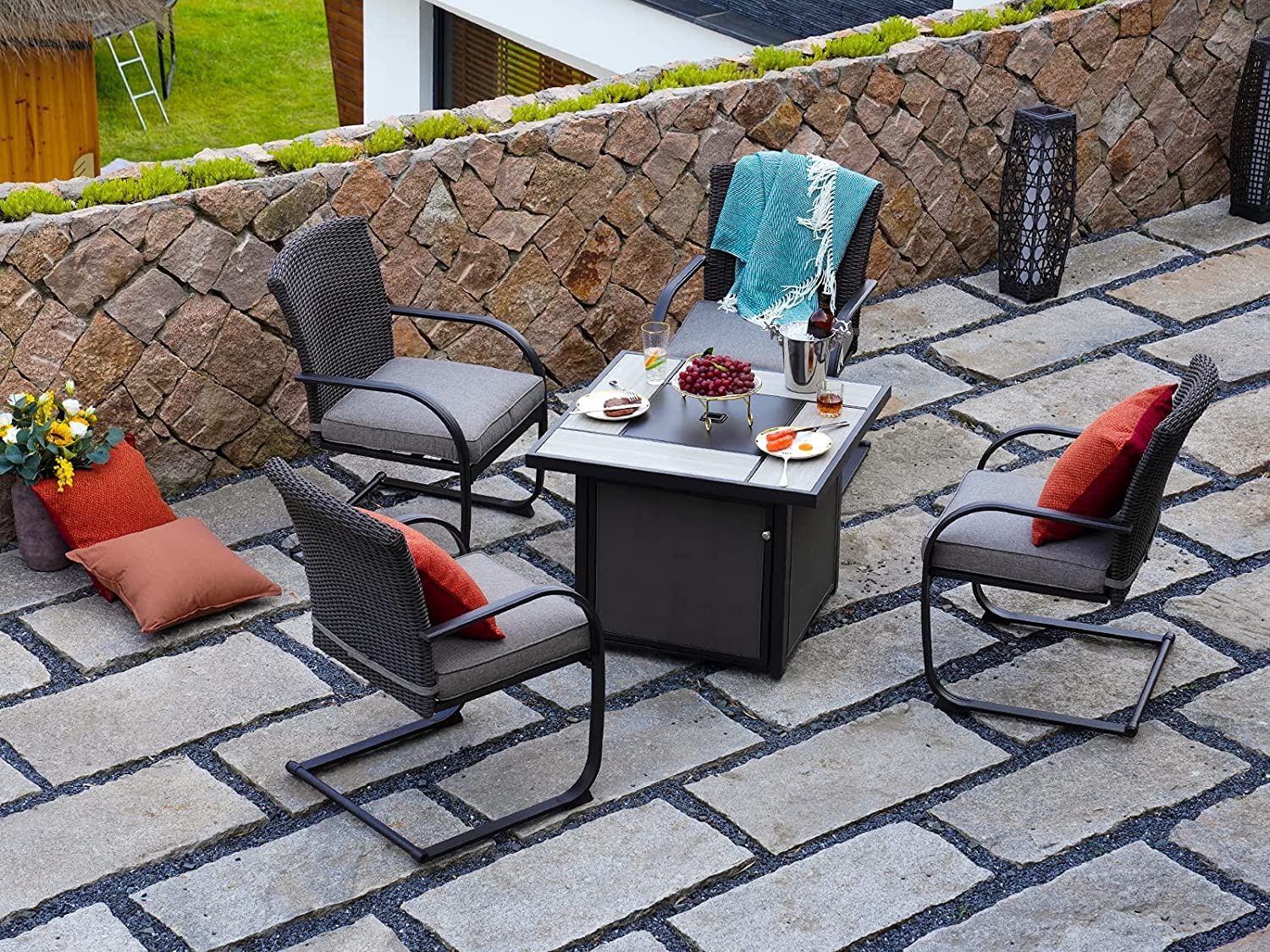 Grand patio Outdoor 5-Piece Steel Fire Pit Dining Set All-Weather 4 Steel Rocking Wicker Chairs with Removable Olefin Cushion & 32-in Square CSA Approved 50000BTU Sling Base Propane Gas Fire Table