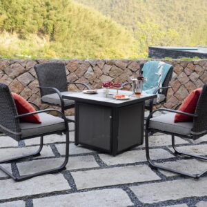 Grand patio Outdoor 5-Piece Steel Fire Pit Dining Set All-Weather 4 Steel Rocking Wicker Chairs with Removable Olefin Cushion & 32-in Square CSA Approved 50000BTU Sling Base Propane Gas Fire Table