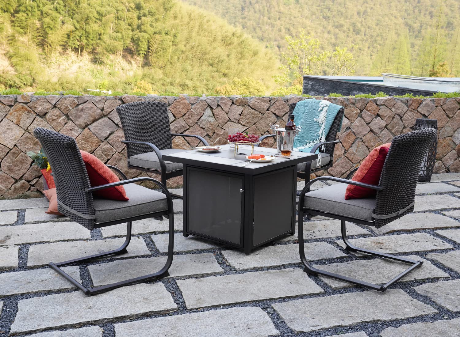 Grand patio Outdoor 5-Piece Steel Fire Pit Dining Set All-Weather 4 Steel Rocking Wicker Chairs with Removable Olefin Cushion & 32-in Square CSA Approved 50000BTU Sling Base Propane Gas Fire Table
