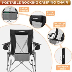 FUNDANGO Big Curved Rocking Camping Chair,Folding Outdoor Patio Mesh Chair,Portable High Back Camp Rocker for Adults with 2 Cup Holder Headrest Armrest for Picnic Lawn Backyard Garden Travel