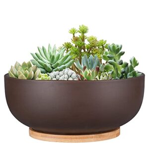 thirtypot 10 inch terracotta planter, large succulent bonsai planter pot with drainage hole and bamboo saucer for indoor plants, brown