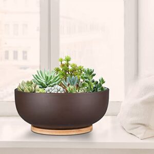 Thirtypot 10 Inch Terracotta Planter, Large Succulent Bonsai Planter Pot with Drainage Hole and Bamboo Saucer for Indoor Plants, Brown