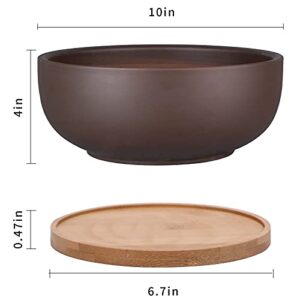 Thirtypot 10 Inch Terracotta Planter, Large Succulent Bonsai Planter Pot with Drainage Hole and Bamboo Saucer for Indoor Plants, Brown