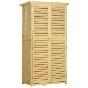 outsunny 3' x 5' wooden outdoor storage cabinet, garden sheds & outdoor storage with asphalt roof & 2 large wood doors with lock, natural
