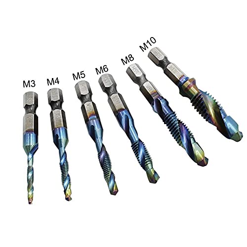 1/4 Inch Hex Shank Tap Drill Bit Set HSS Thread Spiral Combination Drilling Tapping Chamfering Metal Tools Bits Metric & Inch M3-M10, 6 Pcs