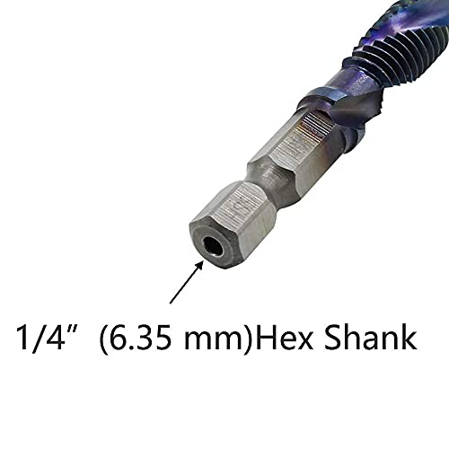 1/4 Inch Hex Shank Tap Drill Bit Set HSS Thread Spiral Combination Drilling Tapping Chamfering Metal Tools Bits Metric & Inch M3-M10, 6 Pcs