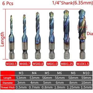 1/4 Inch Hex Shank Tap Drill Bit Set HSS Thread Spiral Combination Drilling Tapping Chamfering Metal Tools Bits Metric & Inch M3-M10, 6 Pcs