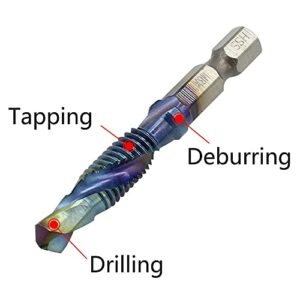 1/4 Inch Hex Shank Tap Drill Bit Set HSS Thread Spiral Combination Drilling Tapping Chamfering Metal Tools Bits Metric & Inch M3-M10, 6 Pcs