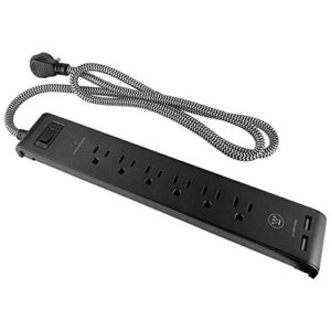 westinghouse 96023 strip 6-outlet 2-usb 900 joule surge protector with fabric braided tangle free cord, black