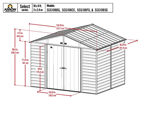 Arrow Select 10' x 8' Outdoor Lockable Steel Storage Shed Building, Charcoal