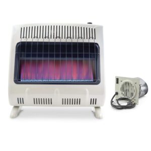 mr. heater 30,000 btu vent free blue flame propane heater with built-in blower (1000 sq. ft.)