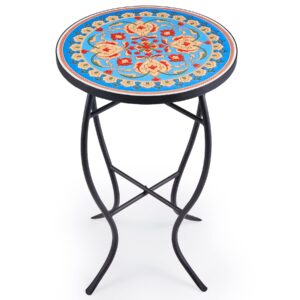 vonluce 21" mosaic plant stand, 14 inch round side table with ceramic tile top, indoor and outdoor accent table, outdoor patio furniture, end table for garden patio living room more, blue
