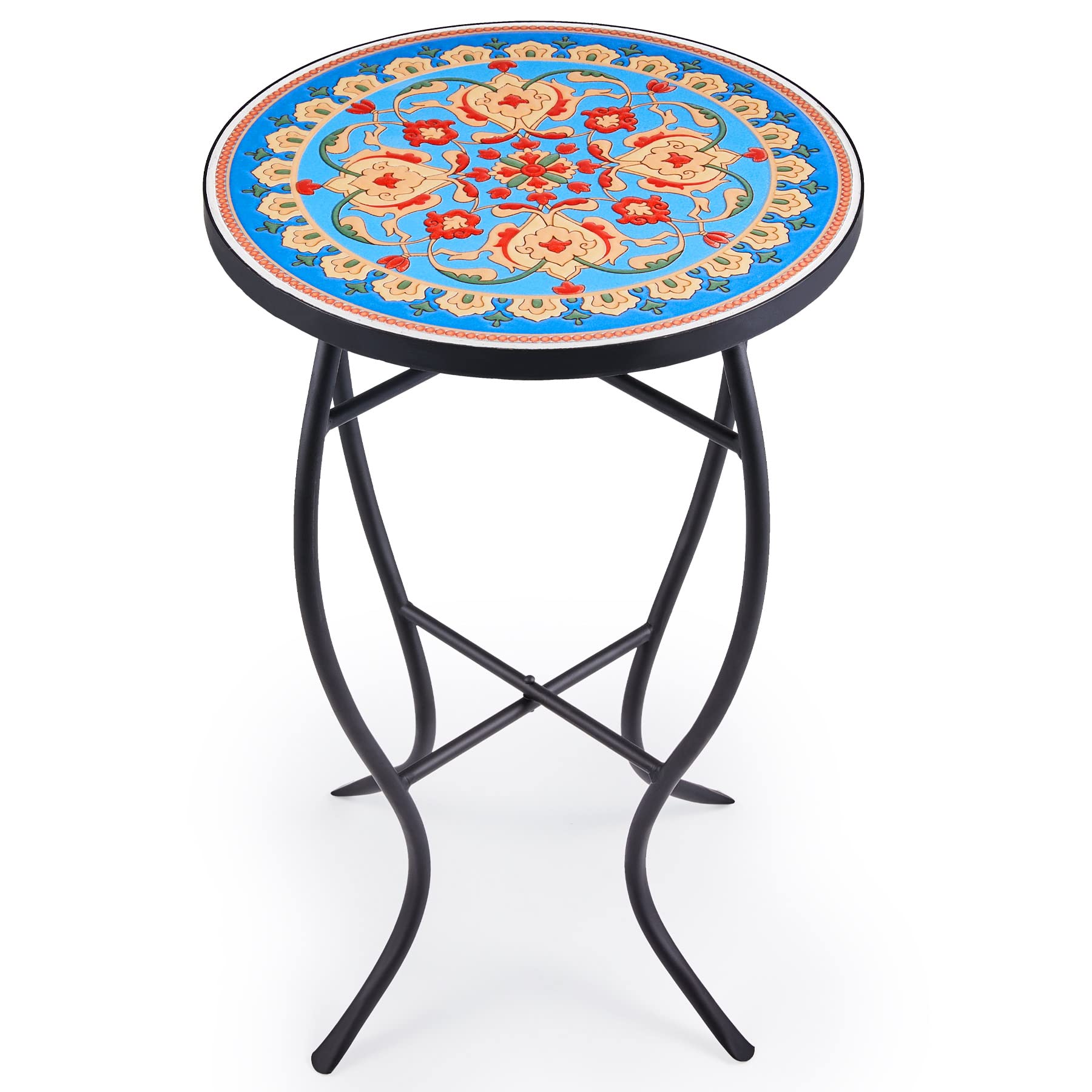 VONLUCE 21" Mosaic Plant Stand, 14 Inch Round Side Table with Ceramic Tile Top, Indoor and Outdoor Accent Table, Outdoor Patio Furniture, End Table for Garden Patio Living Room More, Blue