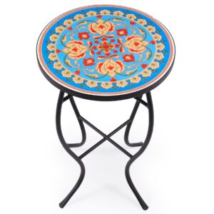 VONLUCE 21" Mosaic Plant Stand, 14 Inch Round Side Table with Ceramic Tile Top, Indoor and Outdoor Accent Table, Outdoor Patio Furniture, End Table for Garden Patio Living Room More, Blue