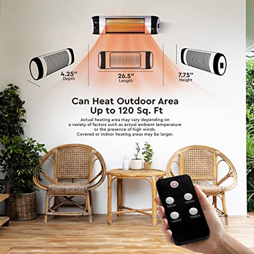 Comfort Zone Electronic Indoor/Outdoor Wall Mounted Patio Space Heater, Adjustable Thermostat, Remote, Timer, & IP34 Waterproof, (Mount Hardware Included), Commercial and Residential, 1,500W, CZPH10R