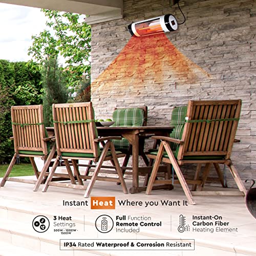 Comfort Zone Electronic Indoor/Outdoor Wall Mounted Patio Space Heater, Adjustable Thermostat, Remote, Timer, & IP34 Waterproof, (Mount Hardware Included), Commercial and Residential, 1,500W, CZPH10R