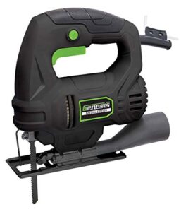 genesis gjs380se 3.8a corded jig saw with variable speed, wood cutting blade, vacuum adapter, and allen wrench