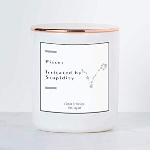 pisces - irritated by stupidity - luxe scented soy candle.