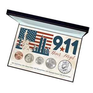 9-11 never forget coin collection in display box, september 11, 2001 five piece coin set