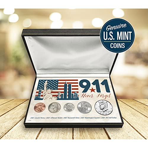 9-11 Never Forget Coin Collection in Display Box, September 11, 2001 Five Piece Coin Set