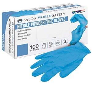 salon world safety blue nitrile disposable gloves, box of 100, size medium, 3.5 mil - latex free, textured, food safe