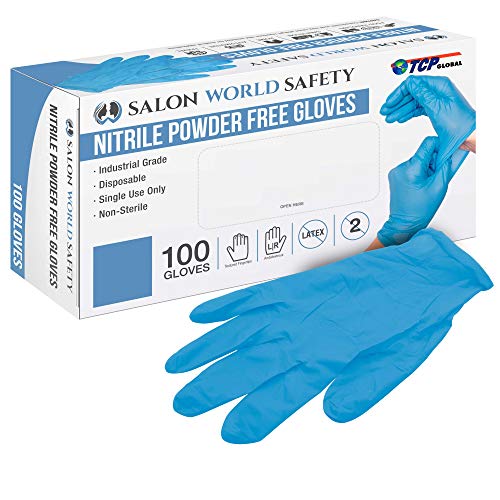 Salon World Safety Blue Nitrile Disposable Gloves, Box of 100, Size Medium, 3.5 Mil - Latex Free, Textured, Food Safe