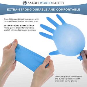 Salon World Safety Blue Nitrile Disposable Gloves, Box of 100, Size Medium, 3.5 Mil - Latex Free, Textured, Food Safe