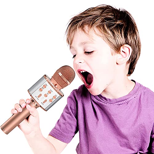 OVELLIC 2 Pack Karaoke Microphone for Kids, Wireless Bluetooth Karaoke Microphone for Singing, Portable Handheld Mic Speaker Machine, Gifts Toys for Girls Boys Adults All Age (Rose Gold)