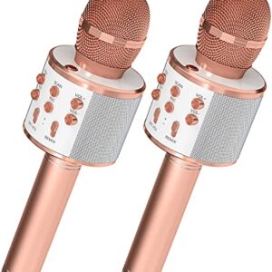 OVELLIC 2 Pack Karaoke Microphone for Kids, Wireless Bluetooth Karaoke Microphone for Singing, Portable Handheld Mic Speaker Machine, Gifts Toys for Girls Boys Adults All Age (Rose Gold)