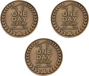 serenity prayer and one day at a time coin, bulk pack of 3 recovery chip pocket tokens for aa, antique gold-color plated recovery challenge coin, gift of peace and sobriety
