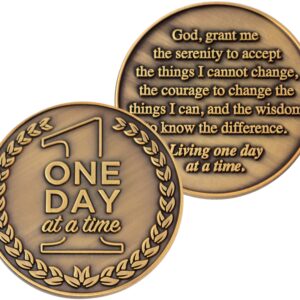 Serenity Prayer and One Day at a Time Coin, Bulk Pack of 3 Recovery Chip Pocket Tokens for AA, Antique Gold-Color Plated Recovery Challenge Coin, Gift of Peace and Sobriety