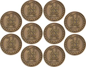 serenity prayer and one day at a time coin, bulk pack of 10 recovery chip pocket tokens for aa, antique gold plated recovery challenge coin, gift of peace and sobriety