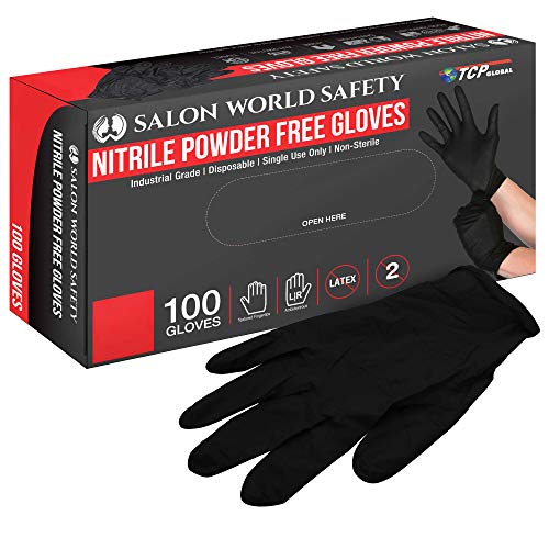 Salon World Safety Black Nitrile Disposable Gloves, Box of 100, Size Large, 5.0 Mil - Latex Free, Textured, Food Safe