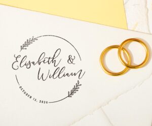 stamp by me | custom wedding stamp | wedding stamp | personalized stamp | 12 exclusive designs | wooden stamp | ideal for envelopes and wedding invitations | names and date | circular flower wreath