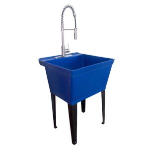 utility sink extra-deep laundry tub in blue with high-arc stainless steel coil pull-down sprayer faucet, integrated supply lines, p-trap kit, heavy duty floor mounted freestanding wash station