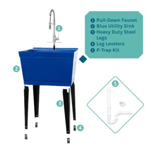 Utility Sink Extra-Deep Laundry Tub in Blue with High-Arc Stainless Steel Coil Pull-Down Sprayer Faucet, Integrated Supply Lines, P-Trap Kit, Heavy Duty Floor Mounted Freestanding Wash Station