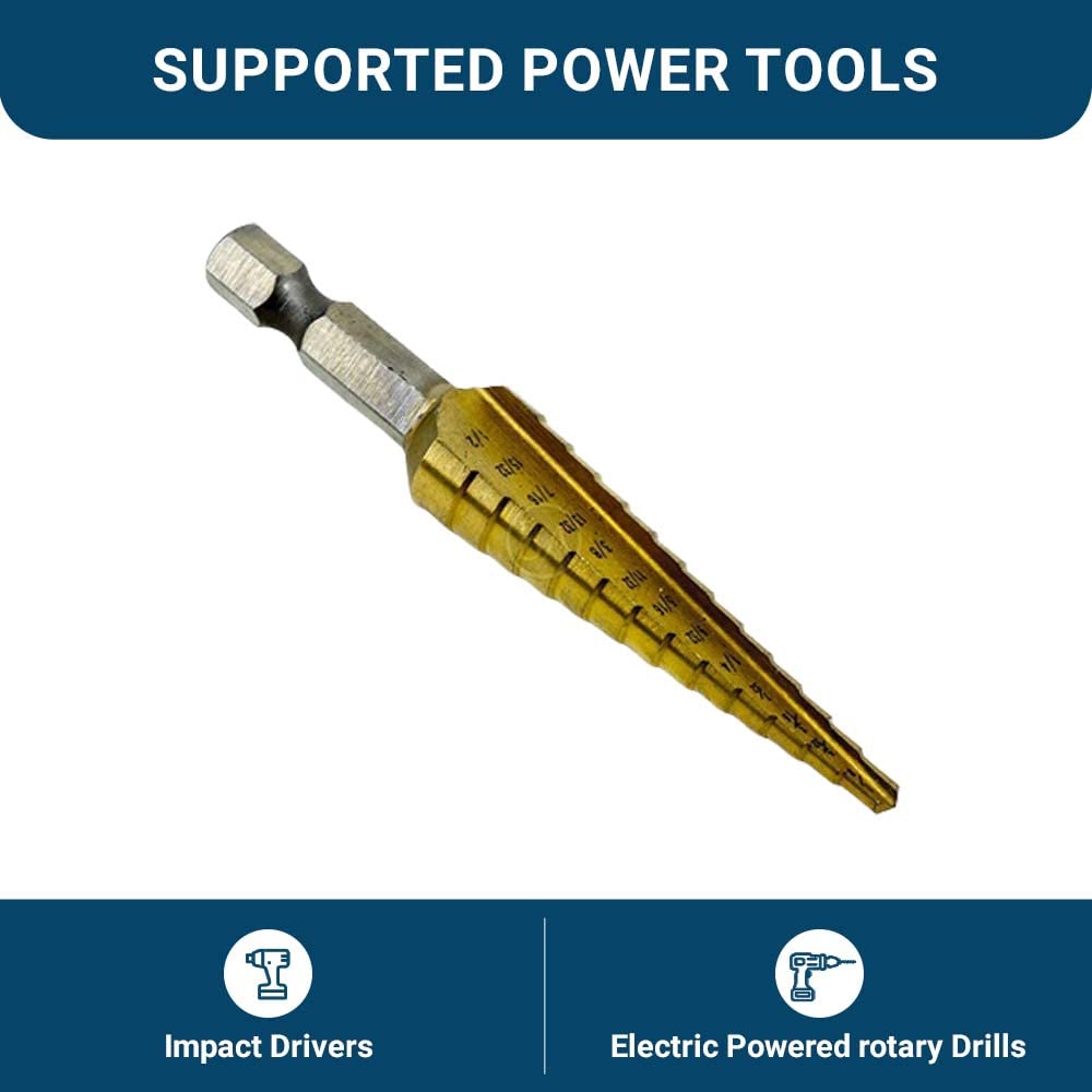 Benchmark Abrasives High-Speed Steel Step Drill Cone Bits for Hole Drilling in Metal, Wood, Plastic, Multi-Size Hole Cone Stepped Bit for Sheets of Metal, Aluminum, Copper - (1/8" - 1/2")