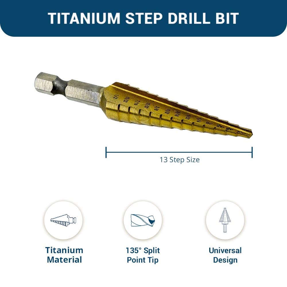 Benchmark Abrasives High-Speed Steel Step Drill Cone Bits for Hole Drilling in Metal, Wood, Plastic, Multi-Size Hole Cone Stepped Bit for Sheets of Metal, Aluminum, Copper - (1/8" - 1/2")