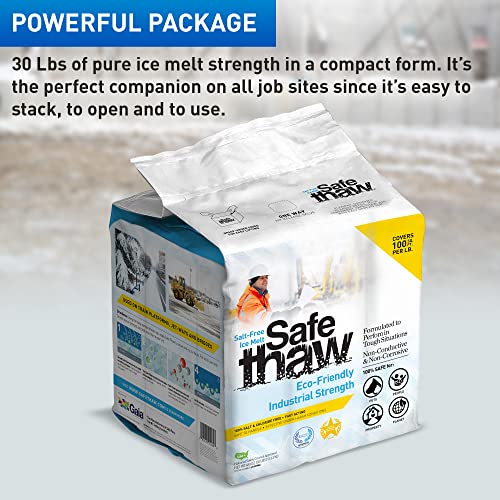 Safe Thaw Industrial Strength 100% Salt/Chloride-Free, Pet/Paw-Safe Snow & Ice Melter and Traction Agent. Use on Concrete, Asphalt, Roofs & On Any Surface, 30 Pound FlexiPail