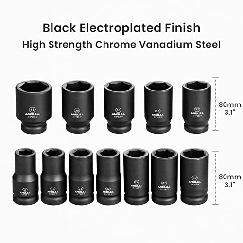 Anbull 3/4 Inch Drive Deep Impact Socket Set, 12 Piece Metric Combination, Sizes 17mm 19mm 21mm 22mm 24mm 27mm 30mm 32mm 33mm 36mm 38mm 41mm Hex Socket Set, 6 Point Design, Cr-V Chrome Vanadium Steel