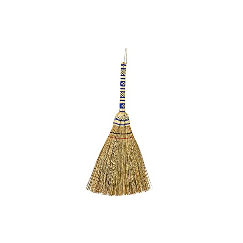 SN SKENNOVA - (Tiny Size) 11 inch Short of Asian Whisk Broom Thai Natural Straw Broom with Embroidery Nylon Thread Handle with Nylon Hanger
