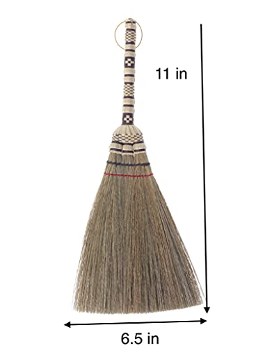 SN SKENNOVA - (Tiny Size) 11 inch Short of Asian Whisk Broom Thai Natural Straw Broom with Embroidery Nylon Thread Handle with Nylon Hanger