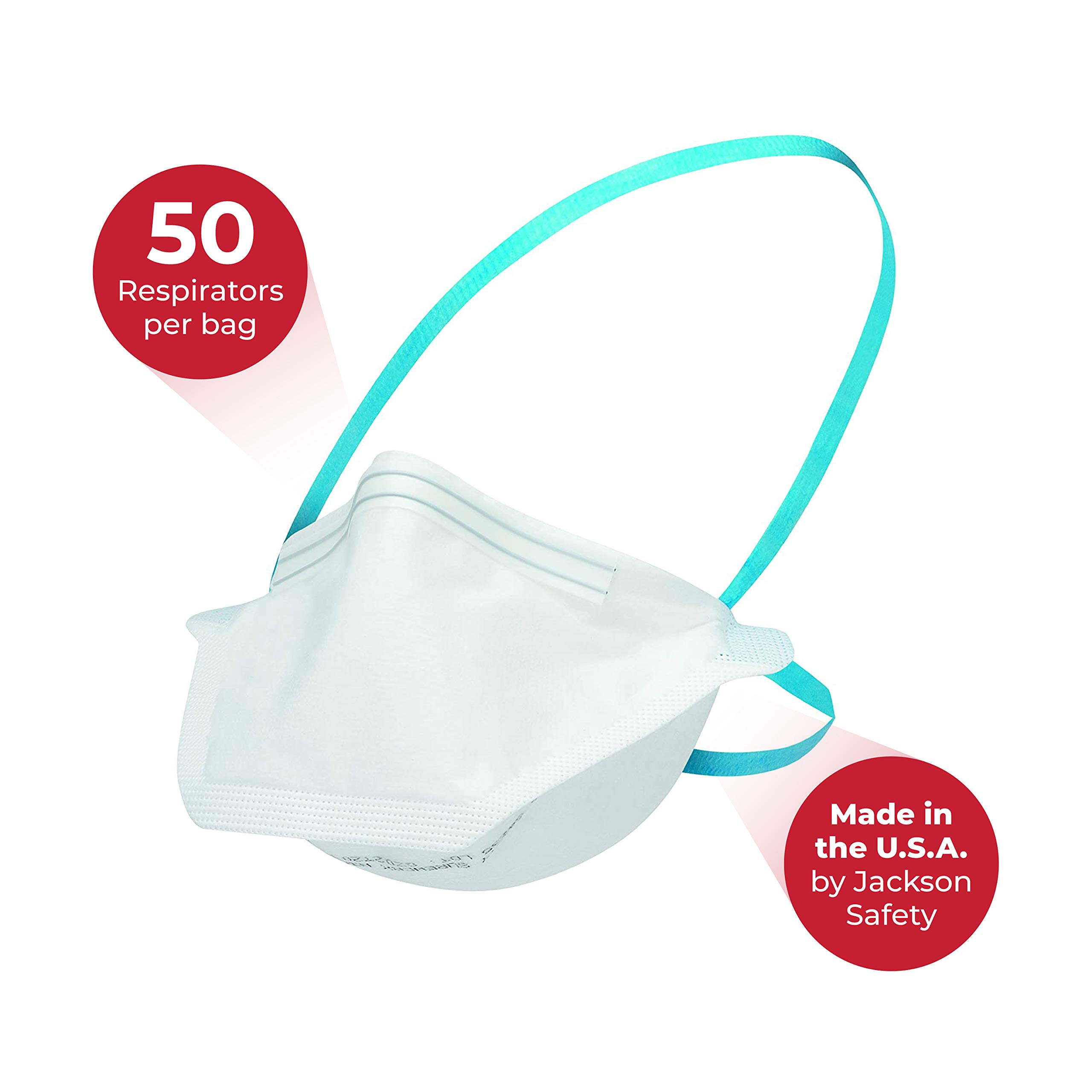 Jackson Safety N95 Mask NIOSH-Approved – 50 Pack – USA Made Disposable Face Protection Filter Shield & Particulate Respirator with Head and Neck Straps, Pouch Style with Large Breathing Chamber, White