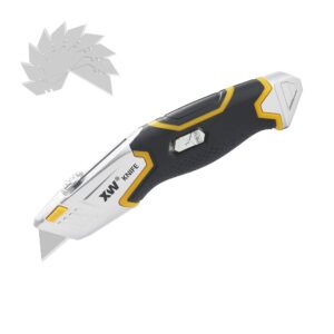 xw auto loading utility knife, 3-position retractable box cutter with 5 pre-loaded blades, bonus 10 blades included